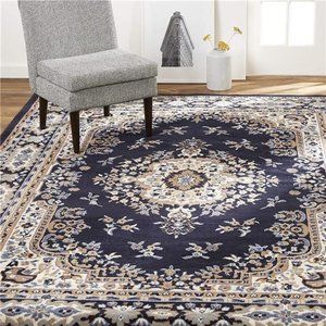 Traditional Oriental Area Rug Medallion Navy Blue Brown Ivory 5'2"x7'4"